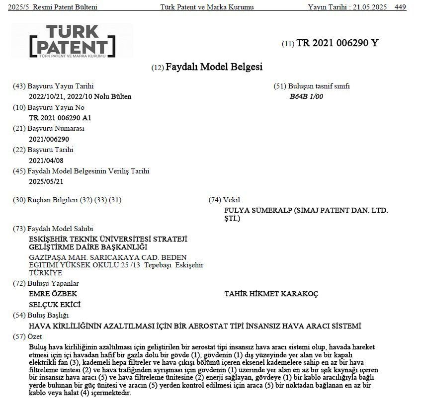 TÜRKPATENT Resmî Patent Bülteni’ndeki tescil kaydı.