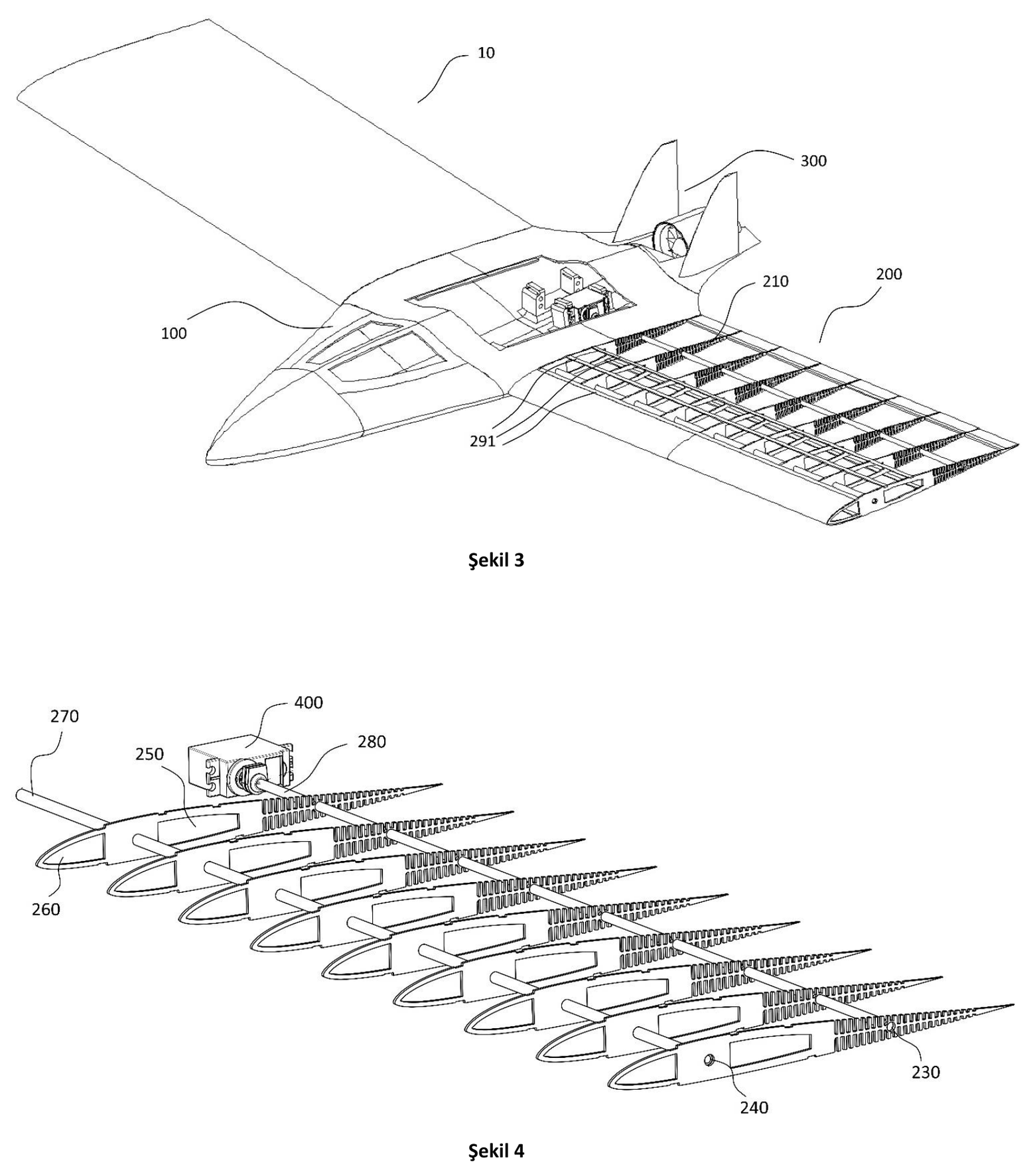 Riblerin mini bir İHA kanadına yerleşimi ve sparlar üzerindeki rib takımı (patent çizimi).